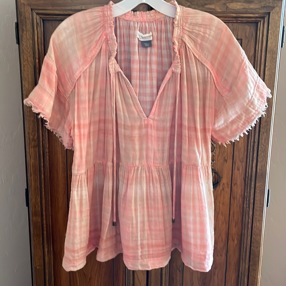 Anthropologie/Pilcro Peach Plaid Top With Raw Edge | Size Small